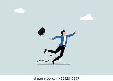 Failure or mistake, accident or surprise problem that impact business concept, clumsy businessman stumble with power cable electric plug falling on the floor