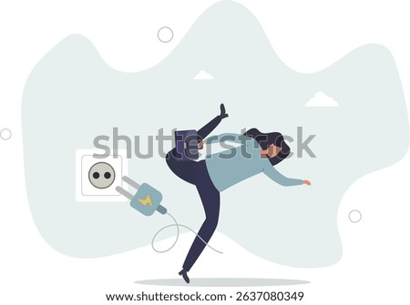 Failure or mistake, accident or surprise problem that impact business concept, clumsy businesswoman stumble with power cable electric plug falling on the floor. character life .