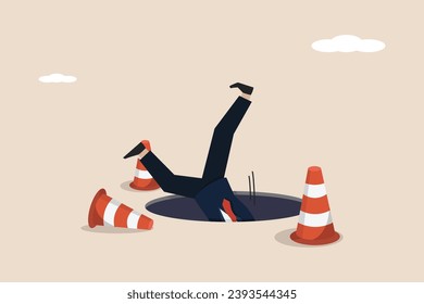 Failure or mistake leading to disaster despair, problems from crisis, business accident, frightened businessman falling into a hole.