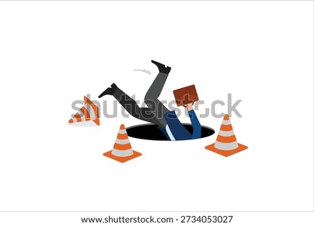 Failure or mistake leading to disaster despair, problems from crisis, business accident, frightened businessman falling into a hole.

