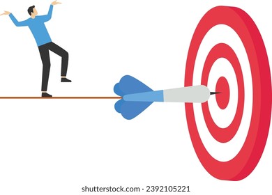 failure or obstacle, missed target, difficulty in working hard to achieve target or setting too high or unrealistic goal concept, businessman trying hard to push dartboard or arrow target up hill.

