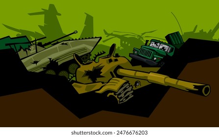Scheitern der Offensive. Eine Müllkippe mit zerstörten Militärfahrzeugen. Tank, IFV, MLRS, Hubschrauber. Vektorgrafik Bild für Drucke, Poster und Illustrationen.