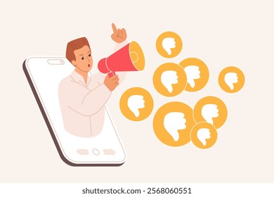 Failure of reputation strategy, negative feedback and hate. Hater and influencer on big smartphone screen holding megaphone to vote thumbs down for product or service cartoon vector illustration