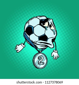 Failure second place silver medal. Character soccer ball football. Comic cartoon pop art retro illustration vector drawing