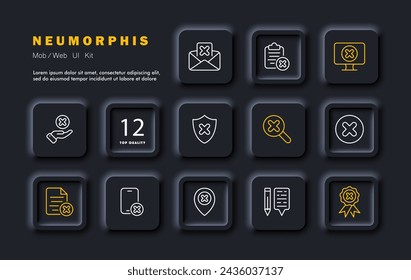 Icono de configuración de error. Sitios bloqueados, archivos, denegación de verificación, negativa a enviar hojas, bloc de notas, negativa a proporcionar servicios, protección. Estilo neomorfista. Icono de línea vectorial