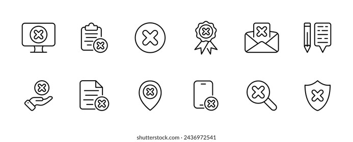 Failure set icon. Blocked sites, files, denial of verification, refusal to send sheets, notepad, refusal to provide services, protection. Vector line icon on white background.