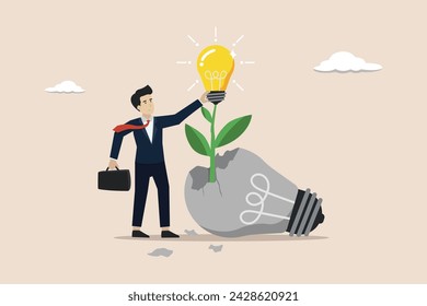 Failure to success, learning from mistakes, attempt to create new innovation, cheerful businessman looking at bright light bulb idea plant seeds growing from broken ones.