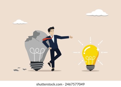 Failure to success, learning from mistakes, attempt to create new innovation, businessman finding bright light bulb idea.