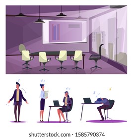Failure at work flat vector illustration set. Office employee sleeping at workplace, having many questions. Business problems concept