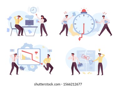 Failures at job flat vector color illustrations set. Failed deadlines, bad time management problems at work. Falling ratings, sales decreasing, financial loss isolated concepts on white background