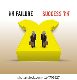 failure-success concept  with  arrows for turning in the direction that is chosen after facing the difficult dilemma / can use for business concept / brochure object