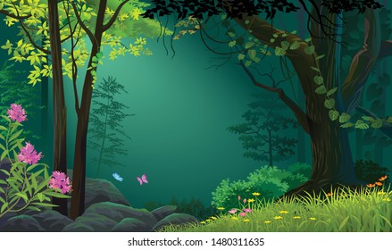 Faint light in a beautiful forest in the night