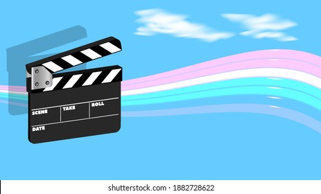 Faint screen movie frame. 3D black empty clapperboard on a background of sky, clouds and rainbow. EPS10