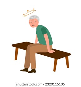 Faint senior man sitting on bench in flat design on white background.