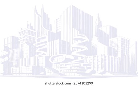 A Faint Sketch of a Futuristic Cityscape with Spiraling Architecture and Tall Buildings, Rendered in a Light, Almost Ghostly, Palette of Soft Gray on White Background,