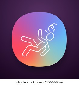 Fainting app icon. Sun stroke, heart attack. Dizziness, consciousness loss. Person falling. UI/UX user interface. Unconsciousness human. Web or mobile application. Vector isolated illustration