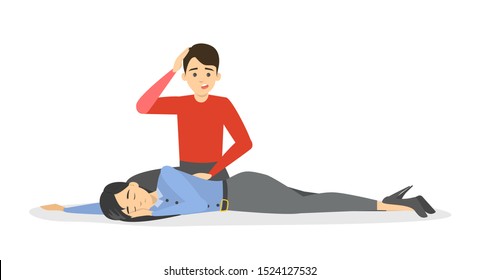 Fainting first aid. Emergency situation, unconscious person on the floor. Medical help. Isolated vector illustration in cartoon style