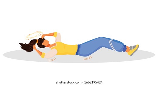 Fainting flat color vector faceless character. Unwell woman on floor. Female with dizziness. Young adult experiencing vertigo. Weakness and fatigue. Symptom of disease isolated cartoon illustration