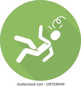 Fainting flat design long shadow glyph icon. Dizziness, consciousness loss. Heat, sun stroke, heart attack. Unconsciousness human falling. Fatigue symptom. Vector silhouette illustration