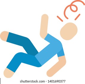Fainting flat design long shadow color icon. Dizziness, consciousness loss. Heat, sun stroke, heart attack. Unconsciousness human falling. Low blood pressure symptom. Vector silhouette illustration