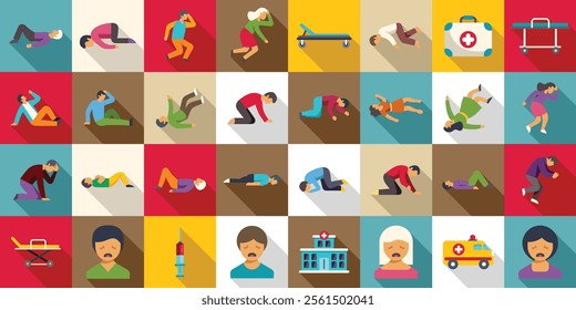 Fainting icons set. Collection of icons representing people experiencing medical emergencies, fainting, injuries, or other health issues, highlighting the need for first aid and medical care