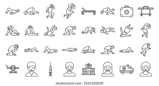 Fainting icons set. Line art icons represent people experiencing medical emergencies, calling for help, lying injured, and receiving medical care