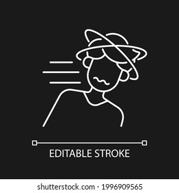 Fainting white linear icon for dark theme. Man losing consciousness from sunstroke. Thin line customizable illustration. Isolated vector contour symbol for night mode. Editable stroke