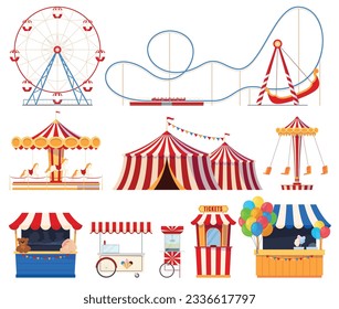 Fair with amusement park attractions. Children carousels, circus tent, extreme attractions. Fun pastime on a holiday weekend. Vector illustration