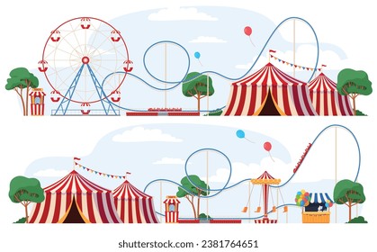 Justo con las atracciones del parque de atracciones. Carriles para niños, carpa de circo, atracciones extremas. Pasatiempo divertido en un fin de semana de vacaciones. Ilustración del vector