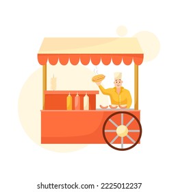 Fair booth with hot dogs and male seller flat vector illustration. Kiosk or store with vendor or merchant selling hot dogs. Food, clothes, street market concept