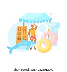 Fair booth with summer goods and male seller. Kiosk or store with vendor or merchant selling items for beach and swimming. Food, clothes, street market concept