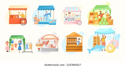 Fair booths with sellers flat vector illustrations set. Kiosks or stores with baker, butcher, vendors or merchants selling fish or seafood, meat, honey, fruit. Food, clothes, street market concept