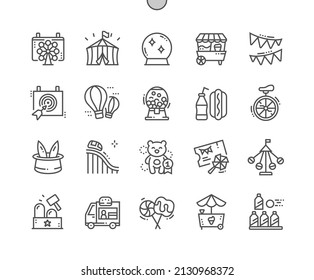 Fair. Candy machine. Circus and magic ball. Burger car. Dart board. Pixel Perfect Vector Thin Line Icons. Simple Minimal Pictogram