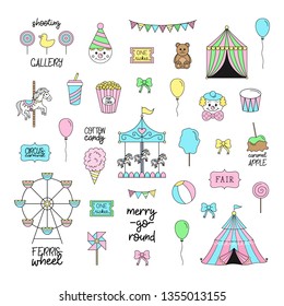 Fair, Carnival, Circus Vector Illustrations Collection. Amusement Park Graphic Outlined Hand Drawn Icons Of Carousel, Wheel, Circus Tent, Funfair Food. Isolated.