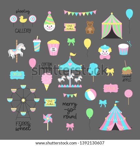 Fair, carnival, circus vector illustrations collection. Amusement park graphic hand drawn icons of carousel, wheel, circus tent, funfair food. Isolated on grey background.