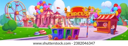 Fair carnival wheel in park with circus vector background. Amusement ferris theme illustration with carousel, train and festival tent panorama landscape. Childish entertainment for vacation graphic