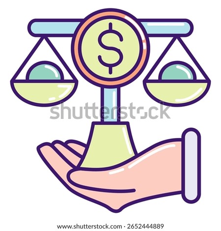Fair Compensation icon represented by scale, money in hand Lineal Color style.
