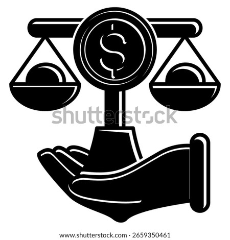Fair Compensation icon represented by scale, money in hand Black Filled style.