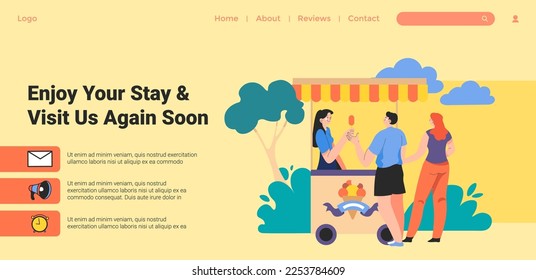 Fair or entertainment ground for weekends and holidays. Enjoy your stay and visit us again soon. People buying ice cream. Website landing page template, online internet page. Vector in flat style