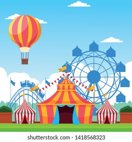 Fair festival with fun attractions in sunny day scenery cartoons, fair entertainment. vector illustration graphic design