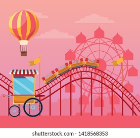 Fair festival with fun attractions in sunny day scenery cartoons, fair entertainment. vector illustration graphic design