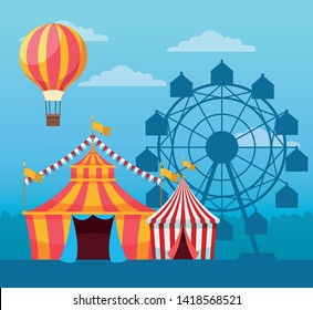 Fair festival with fun attractions in sunny day scenery cartoons, fair entertainment. vector illustration graphic design