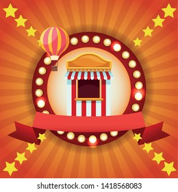 Fair festival round emblem with symbol and blank ribbon banner with stars on orange striped background, circus festival. vector illustration graphic design