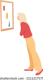 Fair haired girl looking closely at the picture in an art gallery. Flat style. Vector illustration