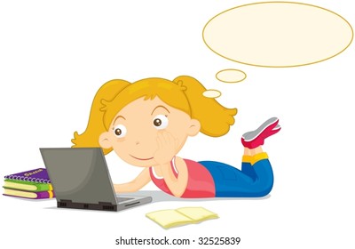 Fair haired girl thinking at computer