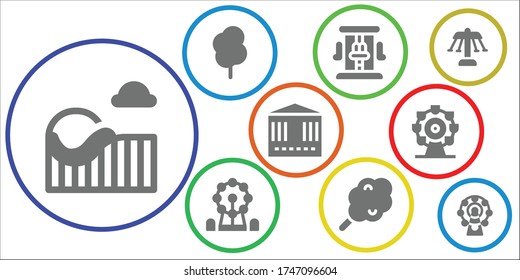 fair icon set. 9 filled fair icons.  Simple modern icons such as: Roller coaster, Cotton candy, Ferris wheel, Carousel
