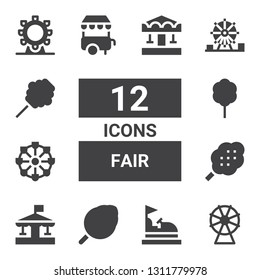 fair icon set. Collection of 12 filled fair icons included Ferris wheel, Bumper car, Cotton candy, Carousel, Ice cream cart, Amusement park
