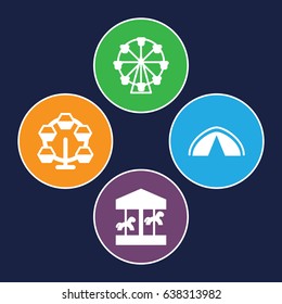 Fair icons set. set of 4 fair filled icons such as tent, carousel