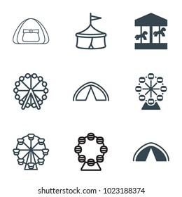 Fair icons. set of 9 editable filled and outline fair icons such as carousel, tent, ferris wheel