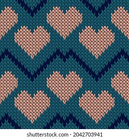 Fair isle heart knit nordic vector seamless pattern. Knitting imitation valentine ornament. Sweater tidy heart knit cloth textile love symbols pattern. Knitting fashion.
